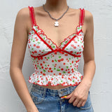 Kukombo Cherry Printed Cute Ruffles Crop Tops For Women Streetwear Sexy V-Neck Mesh Female Tank Tops Summer Aesthetic Tops Lady