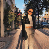 Black PU Leather Crop Jacket Street Wear Punk Style Womens Coats Long Sleeve Turn-Down Zipper Short Jacket 2022 Fashion