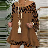 Summer Vintage Leopard Patchwork Outfits Set Cotton Linen Shirt Tops And Loose Shorts Suit Casual 3/4 Sleeve Women Two Piece Set-0406