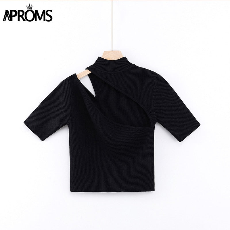 Christmas Gift Aproms Candy Color High Neck Ribbed Knitted T-shirt Women Sexy Short Sleeve Strench Tshirt Ladies Streetwear White Crop Top 2021