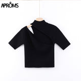 Candy Color High Neck Ribbed Knitted T-shirt Women Sexy Short Sleeve Strench Tshirt Ladies Streetwear White Crop Top 2022