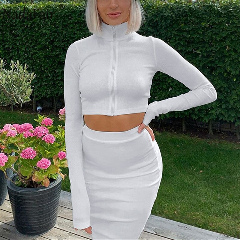 Nadafair Rib-Knitted Cropped Zip Up Hoodie Women Sweatshirt White Black Sexy Crop Top Club Skinny Autumn Basic  Pullover Woman