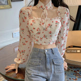 Kukombo 2022 New Floral Shirts Women Spring Autumn Halter Neck Cropped Tops Fashion Long Sleeve Chiffon Blouse Female