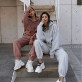 Women's Tracksuit Casual Solid Long Sleeve Hooded Sport Suits Autumn Warm Hoodie Sweatshirts and Long Pant Fleece Two Piece Sets