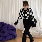 Kukombo Cardigan Women Sweater 2022 Fall Korean Fashion Checkerboard Knitted Lady Clothes Solid Casual Pink Warm Loose Coat