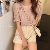 Kukombo 2021 New Chic Blouse Women Chemises Femme O Neck Short Sleeve Unicolor Sweet Summer Shirts Korean Style Blusas Mujer