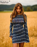 Nadafair Tie Dye Mini Knitted Sweater Dress Women Long Sleeve Autumn Outfits Sexy Backless Beach Bodycon Dress Winter Clothing