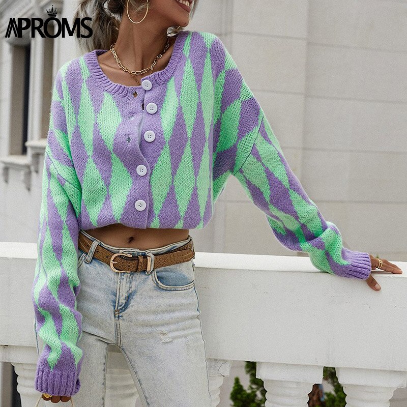 Christmas Gift Aproms Vintage Green Purple Plaid Knitted Cardigan Women Winter Oversized Soft Sweater Female High Fashion Outerwear 2021