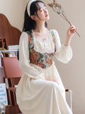 Kukombo French Romantic Dresses For Women 2022 Autumn Oil Painting Retro French Lace Square Collar Dress Elegant Robe Femme Vestidos
