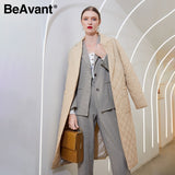 Kukombo Long straight coat with rhombus pattern Casual sashes women winter parka Deep pockets tailored collar stylish outerwear