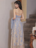 Kukombo High Sense Women Two Piece Set Blue Long Sleeved Chic Slit Gentle Blouse+Sexy Hollow Back Square Collar Print Lace Sling Dress