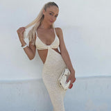 Kukombo Ribbed Knitted Women Pure Strap Midi Dress Hollow Out Bodycon Sexy Streetwear Party Club Festival 2022 Spring Summer