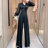 Christmas Gift Women's Autumn Chiffon Jumpsuit Long Sleeve Casual V-Neck Overalls Elegant Fashion Femme Wide-Leg Loose Streetwear Slim Romper