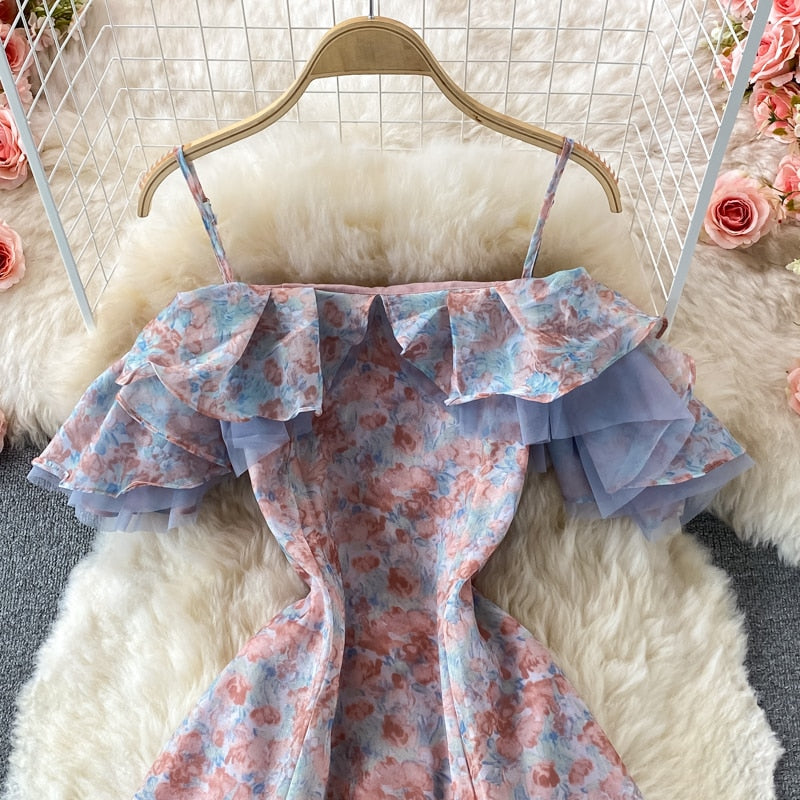 Kukombo Summer Elegant Chiffon Floral Strap Dress women's Mesh Stitching Strapless Mixi Dress Holiday Ladies Vestidos 2022 Robe