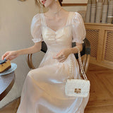 Kukombo Short Sleeve Elegant Dress Women Square Collar Chiffon Vingate Dress Vintage Party Dress Korean Style 2021 Summer Fairy