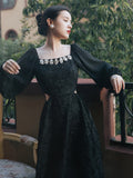 Kukombo Summer Rose Jacquard Rhinestone Square Neck Fashion Dress Black High Waist Hollow Sexy High Quality Dresses For Party Vestidos