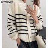 Christmas Gift BGTEEVER Autumn Winter V-neck Single-breasted Ladies Striped Sweaters Tops Full Sleeve Loose Female Knitted Cardigans 2021