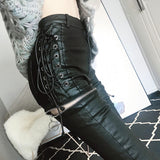 Kukombo  Punk Fashion Zippers Tied Womens PU Leather Pants High Waist Slim Fit Female trousers female pencil leather pants women KZ108