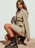 Kukombo Women Solid Color Blazer Trench Coat Autumn Spring Office Lady Long Sleeve Tailored Collar Suit Jacket With Belt
