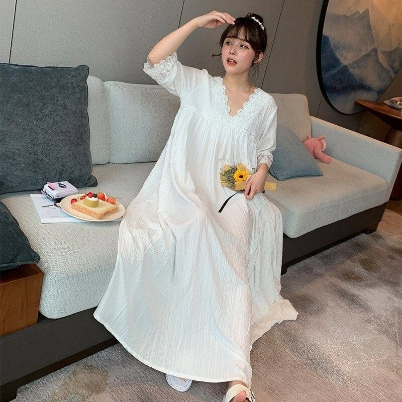 Christmas Gift Nightgowns Women V-neck Summer Loose Pure Color Students Sleepwear Chic Japanese Style White Sweet Girls Casual Lace Half Sleeve