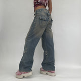 Kukombo Vintage Khaki Wide Leg Cargo Jeans High Waist Big Pockets Baggy Denim Trousers Casual Oversized Pants Street Sweatpants