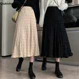 Kukombo Autumn Winter Wrinkled Black Pleated Skirt Women 2021 Korean Style Casual High Waisted A-Line Knitted Skirts Long falda plisada