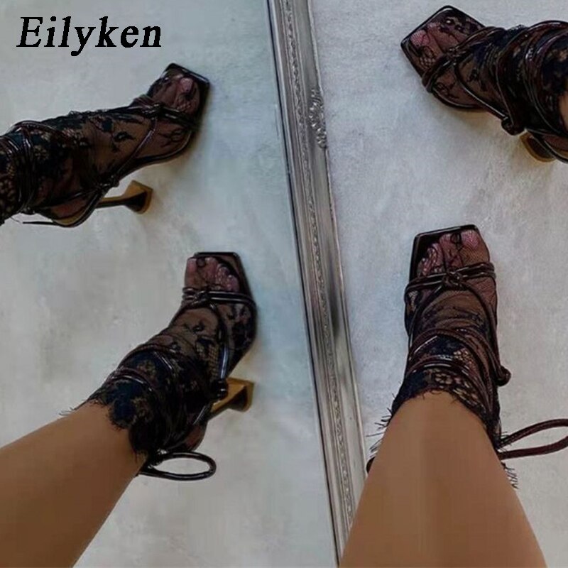 Christmas Gift Eilyken 2021 Summer Narrow Band Ankle Strap Women's High Heels Strappy Sandals Square Head Female Strange Style Women Shoes