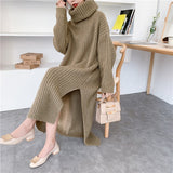 Kukombo Autumn Winter Thick Long Sweater Dress Women Side Slit Turtleneck Low-high Design Over Knee Plus Size Knitted Dress