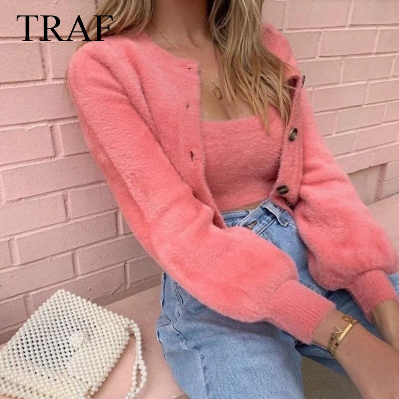 TRAF ZA Fashion Knitted Suit Vintage Cardigan Top Furry Single-breasted Coat Elastic High Waist Shorts Knitted Three-piece Suit