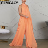 Kukombo Women Chiffon Halter Backless Jumpsuits Loose Style Long Overalls Elegant Party Club Jumpsuit