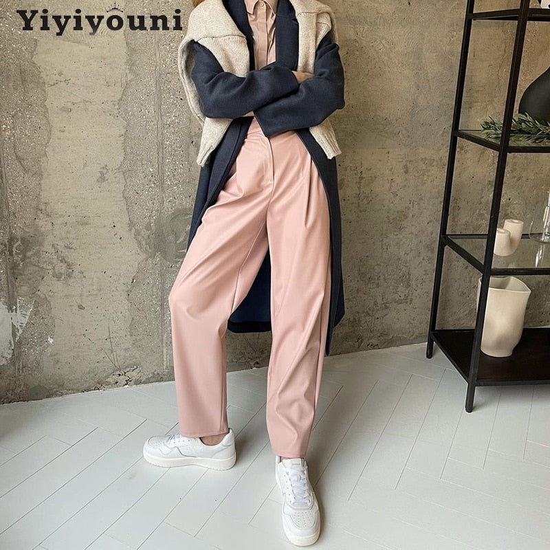 Christmas Gift Yiyiyouni Autumn Winter Fleece Loose Leather Trousers Women High Waist Zipper Fly Casual Pink PU Leather Pants Female 2021 New