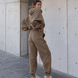 Women's Tracksuit Casual Solid Long Sleeve Hooded Sport Suits Autumn Warm Hoodie Sweatshirts and Long Pant Fleece Two Piece Sets