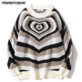 Kukombo 2022 Pullovers Sweaters Creative Stripes Heart Knitted Streetwear Oversized Harajuku O Neck Knitwear Men Clothing