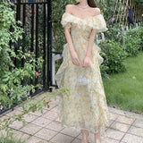 Kukombo Off The Shoulder Dresses Women Ruffles Floral Designer Fairy Elegant Dress Female Summer Evening Party Vintage Midi Dresses
