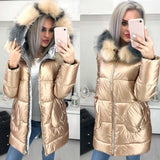 Christmas Gift Big Fur Hooded Jacket Women Long Winter Coat Female Glossy Casual Cotton Padded Parka Manteau Longue Femme Hiver