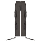 Kukombo Light Brown Big Pockets Casual Cargo Pants Women Low Waist Wide Leg Baggy Denim Trousers Vintage Oversized Jeans Street