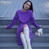Kukombo Winter O-Neck Purple Elegant Dresses For Women Casual Long Sleeve Office Midi Dress Vintage High Waist Female Dress 2022