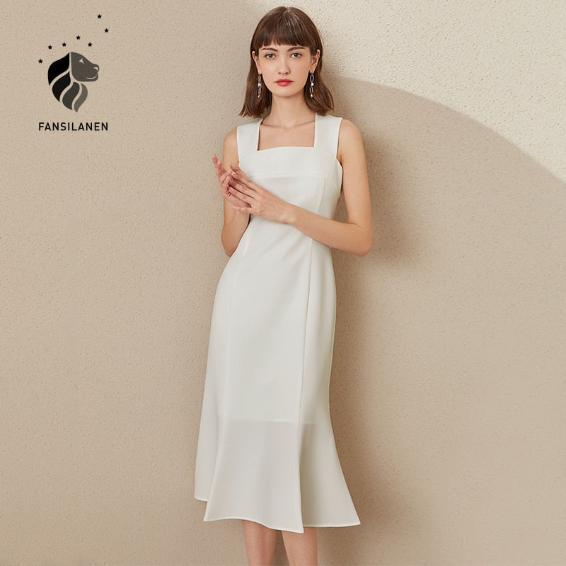 Christmas Gift FANSILANEN Office Lady Elegant Slim Long Black Dress Women Sleeveless White Skirts 2021 Summer New Pleated Sexy Dress
