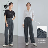 Christmas Gift FANSILANEN Office Lady Mopping Pants Women 2021 Summer Straight Loose Casual Suit Pants High Waist Drape Wide Leg Trousers