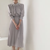 Kukombo Christmas Gift New 2022 Women's Spring Summer Shirt Dresses High Waist Korean Oversized Elegant Lace Up Pleated Long Dress DR06660