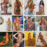 Kukombo 2023 Sexy Print Tracksuit Woman Two Piece Boho Outfit Suits Halter Bandage Tanks And Ruched Drawstring Midi Skirts Matching Sets