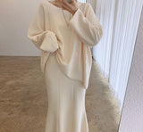 Kukombo Korean Chic Autumn Long Sleeve Loose Sweatshirt High Waist Trumpet Skirt Solid Color Sweet Pink Women Two Piece Set