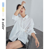 Christmas Gift FANSILANEN Fashion Belt Casual White Blouse Shirt Women Long Sleeve Spring Button Up Shirt Office Lady Elegant Blue Top Female
