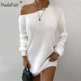 Nadafair Lantern Sleeve Casual Sweater Dress Women Sexy Off The Shoulder Mini Solid  Knitted Dress Winter Long Sleeve White