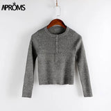 Christmas Gift Aproms Strentch Knitted Short Pullovers Sweater Winter Long Sleeve Slim Crop Top Streetwear Buttons Warm Knitwear Jumper 2021