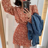 Christmas Gift  New 2021 Women Summer Autunm Dresses Floral Printed Vintage High Waist Korean Package Hip Lady Mini Dresses DR21107