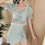 Kukombo Women's Swimwear 2022 Summer Suit 2 Piece Swimsuit with Skirt Ruffles Plaid Print High Waisted Bikini Set Bathing Suit Beachwear