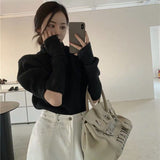 Kukombo  Stylish Personality Turtleneck Knitted Sweater Women Simple Solid-color Half Bubble Sleeve Knit Sweaters 2022 Spring Autumn New