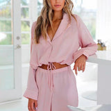 Kukombo  Women Solid Silk Two Piece Set Elegant Notched Drawstring Shirt Top And Split Wide Leg Pants Suits Casual Loose Ladies Clothing