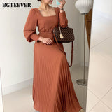 Kukombo Chic Square Collar Summer Dresses for Women Belted Midi Pleated Vestidos Elegant Lantern Sleeve Female Party Dress 2022